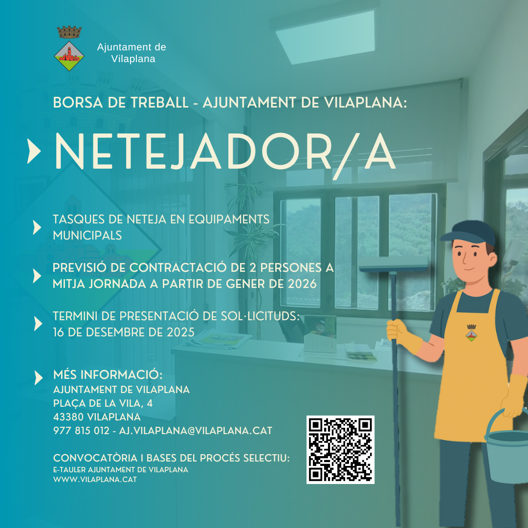 L’ajuntament de vilaplana obre convocatòria per a la constitució d’una borsa de treball de netejador/a