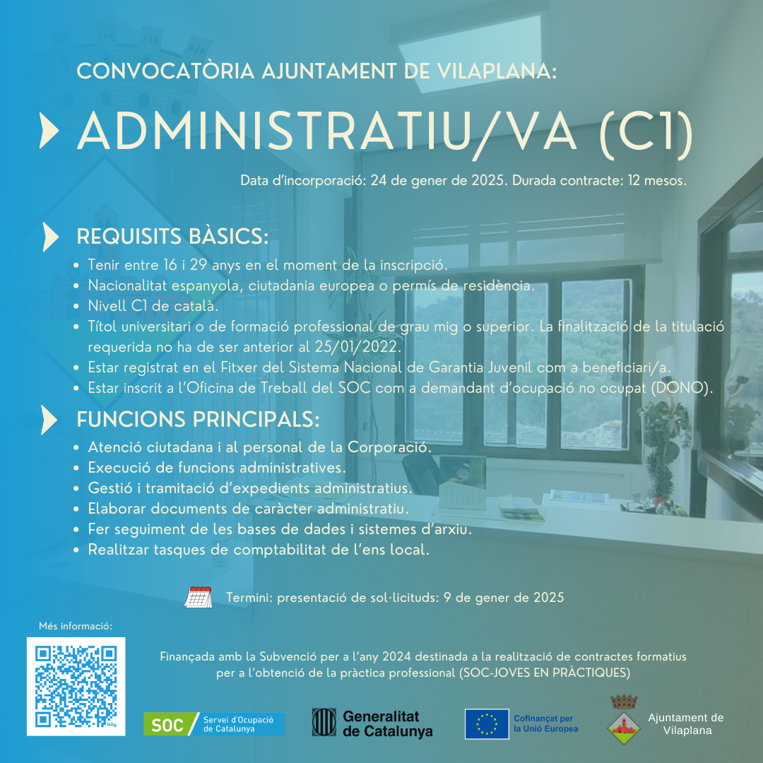 Plaça de tècnic/a administratiu/va   contracte temporal d'1 any per a l'obtenció de la pràctica professional