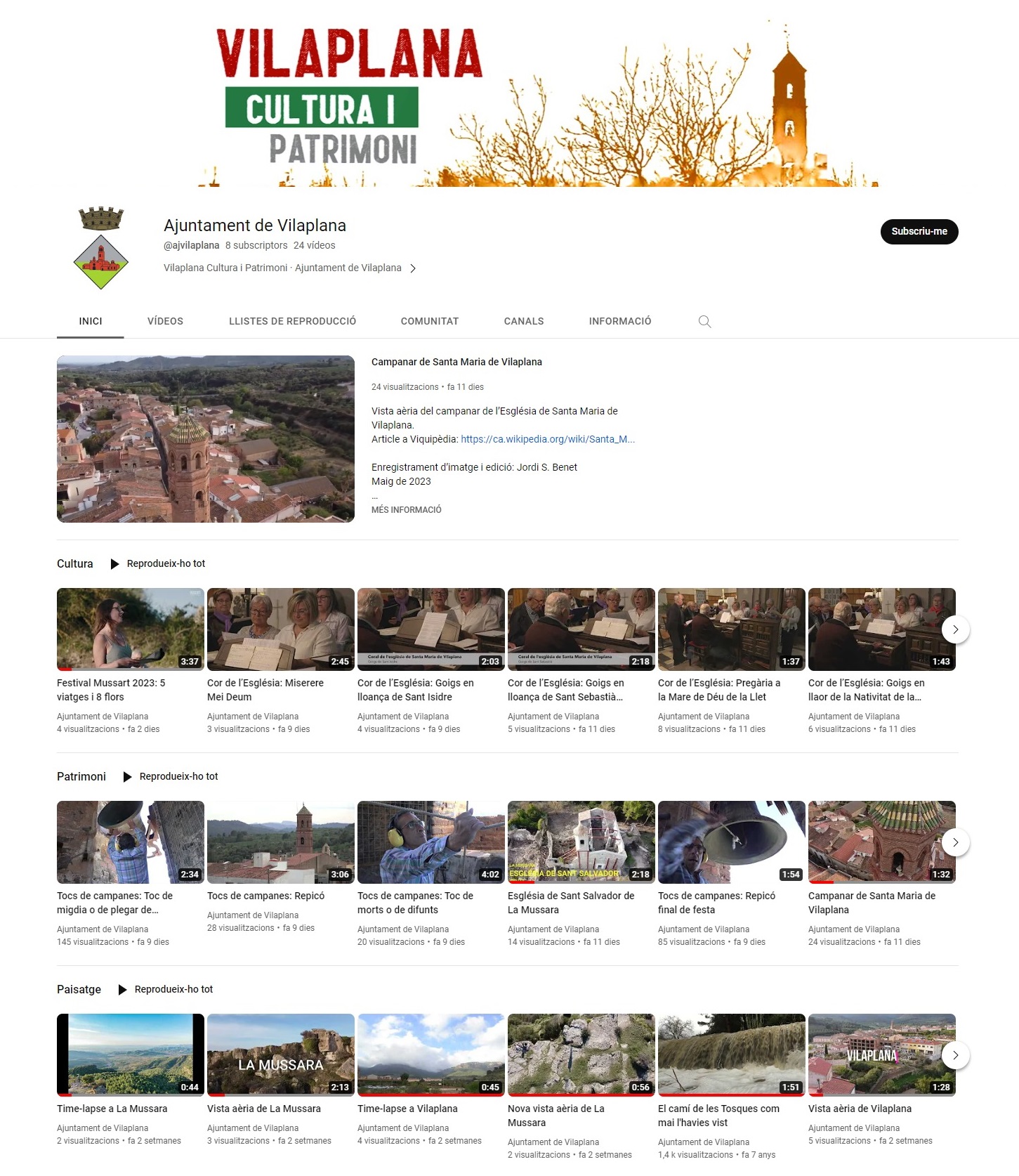 L'ajuntament posa en marxa el canal de youtube "vilaplana, cultura i patrimoni"